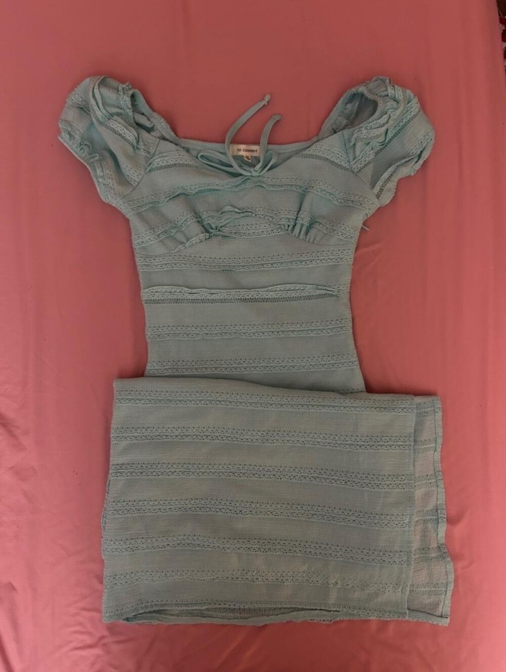 Light Blue Knit Long Dress with Puff Sleeves